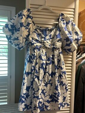 Blue & White Floral Puff-Sleeve Women’s Dress